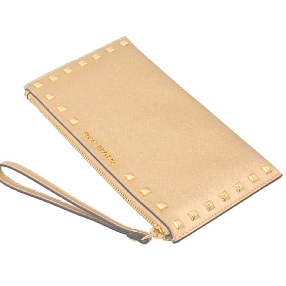 NWT Michael Kors Gold Leather Stud Clutch Wristlet - Picture 2 of 10